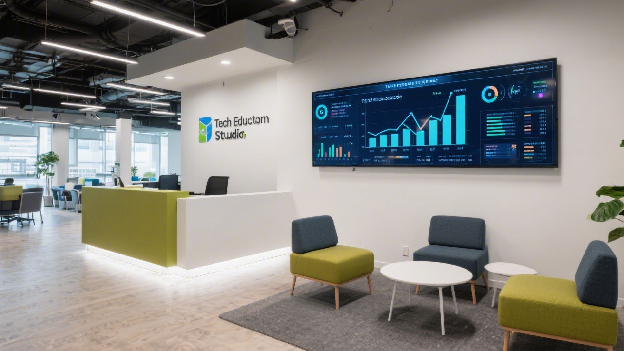 Reception area with modern seating and a wall display showing a growth dashboard, representing a welcoming tech education studio environment