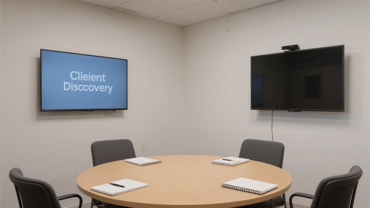 Small meeting room with a round table, notebooks, and a wall-mounted screen ready for a client discovery session