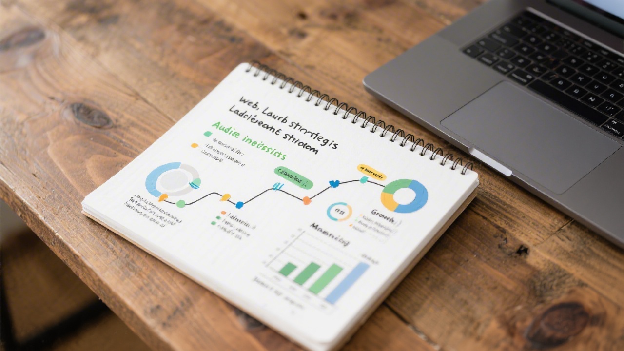 Notebook and laptop on a wooden desk showing a project roadmap, audience insights, and growth metrics for a web launch strategy session