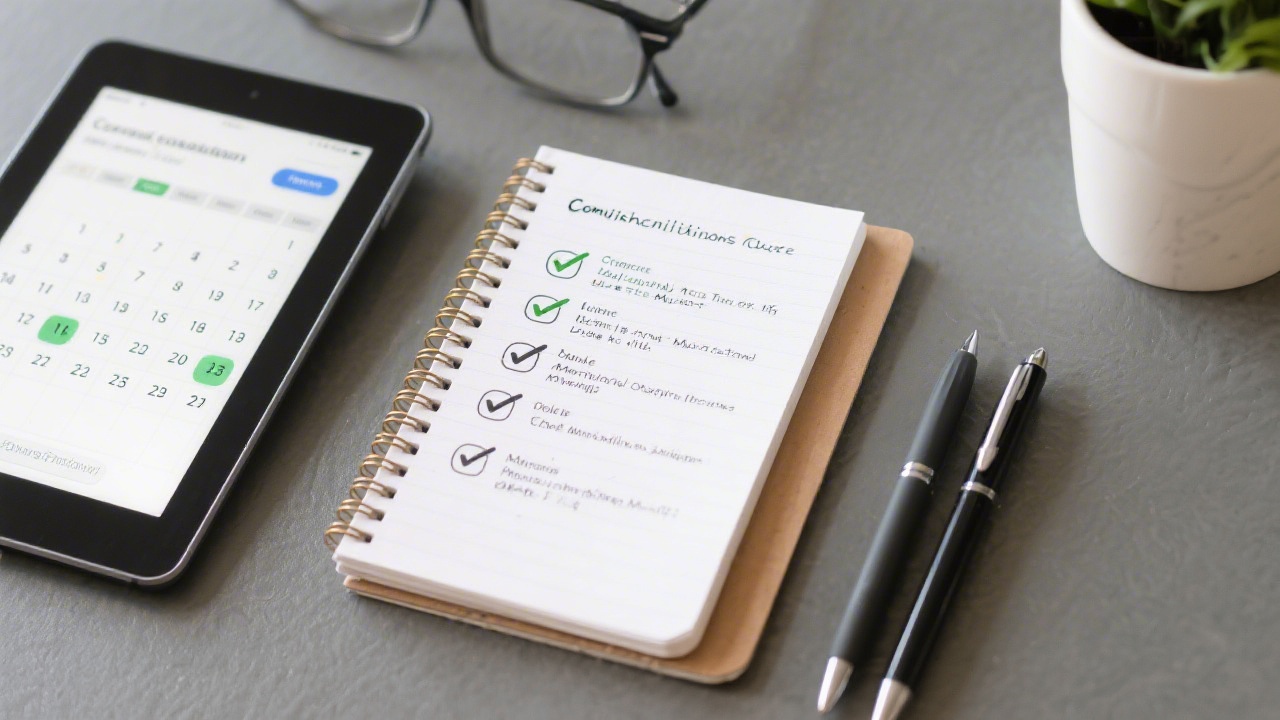 Notebook with a checklist of project milestones, pens, and a tablet displaying a calendar for scheduling a consultation