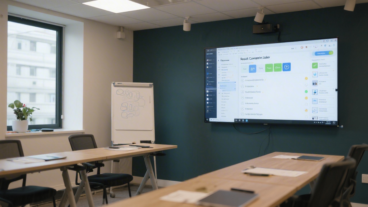 Training room with large monitor displaying a React component library and UX checklist, prepared for a small hands-on workshop